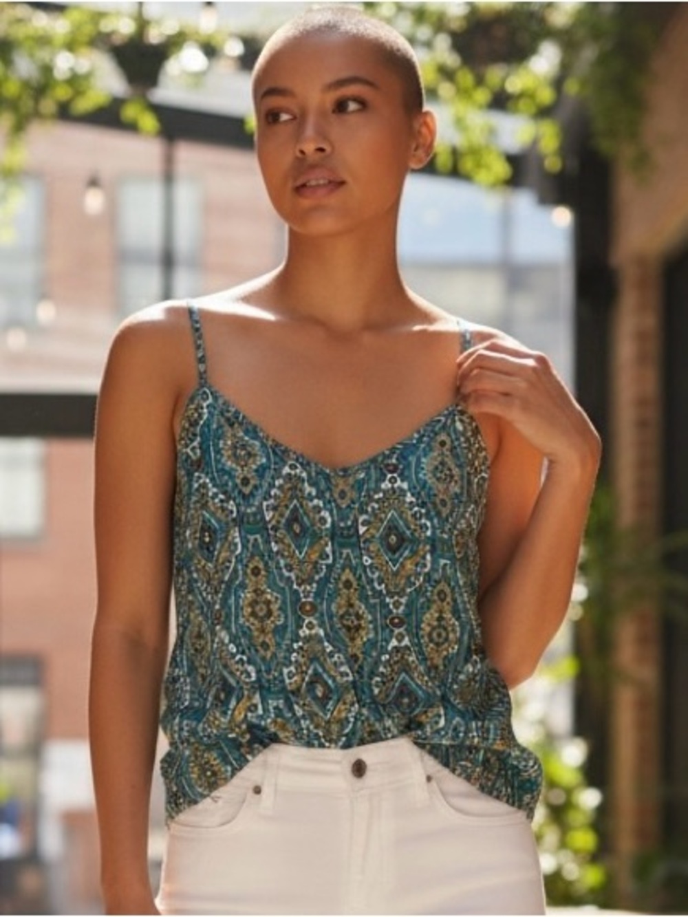 Hollister Teal and White Printed Spaghetti-Strap Cami